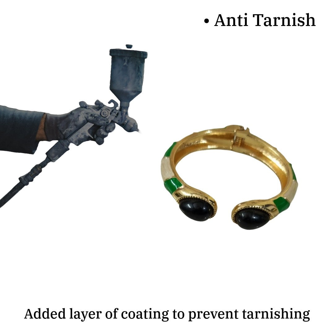 Gold Plated Cuff Bracelet with Black Oval Stones, Green Enamel Accents, Hinged Open Design, Anti Tarnish, Water Resistant, Lightweight