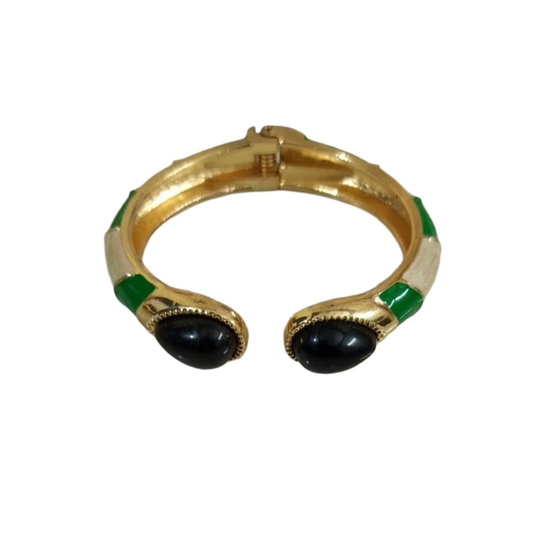 Gold Plated Cuff Bracelet with Black Oval Stones, Green Enamel Accents, Hinged Open Design, Anti Tarnish, Water Resistant, Lightweight