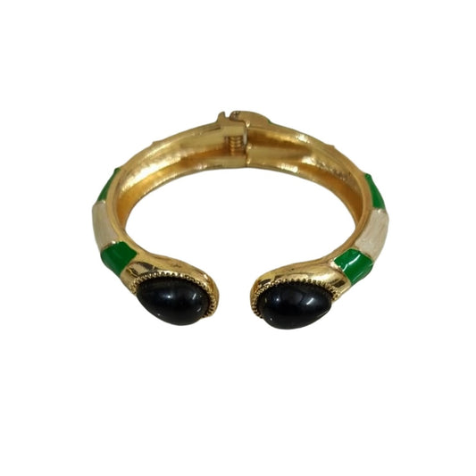Gold Plated Cuff Bracelet with Black Oval Stones, Green Enamel Accents, Hinged Open Design, Anti Tarnish, Water Resistant, Lightweight