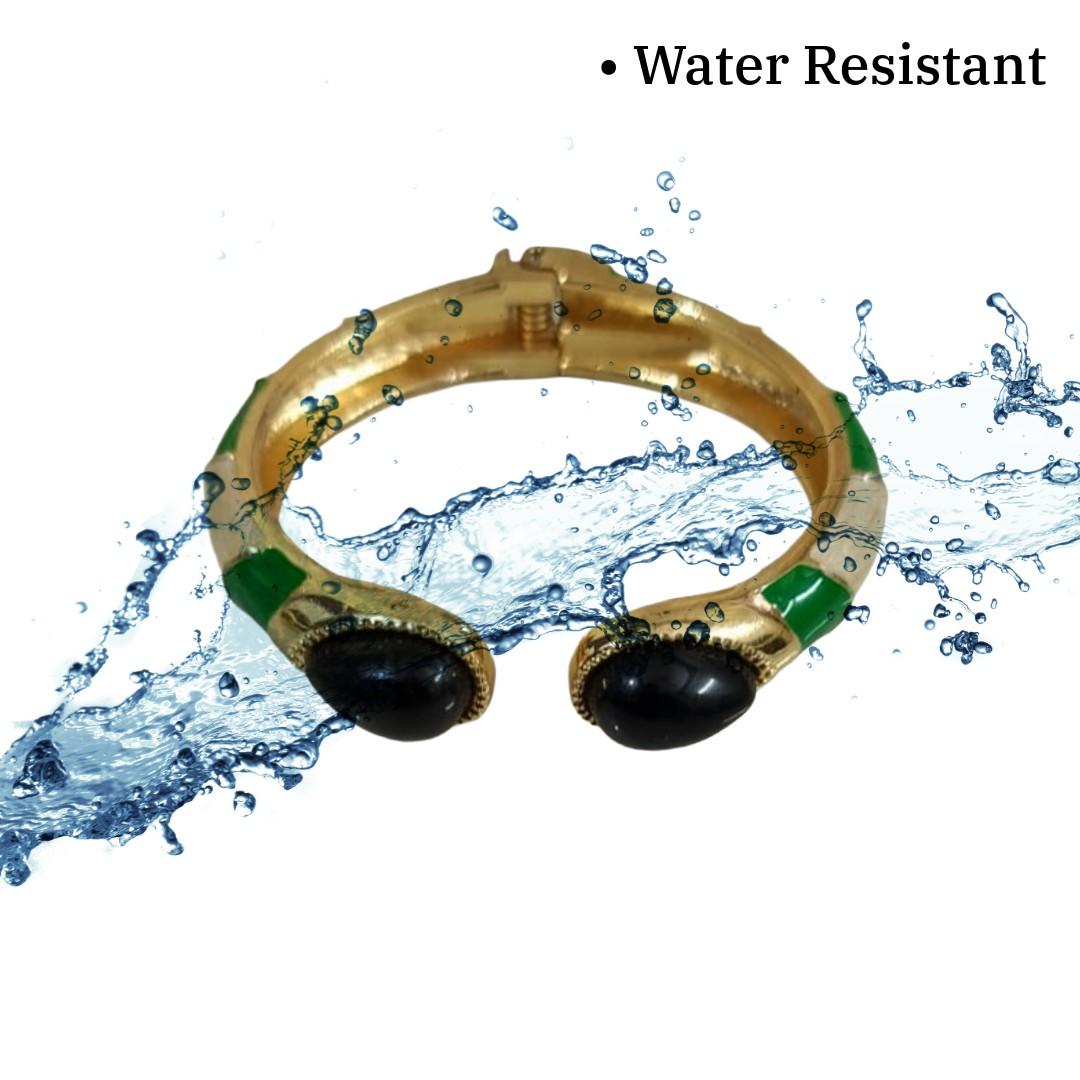 Gold Plated Cuff Bracelet with Black Oval Stones, Green Enamel Accents, Hinged Open Design, Anti Tarnish, Water Resistant, Lightweight