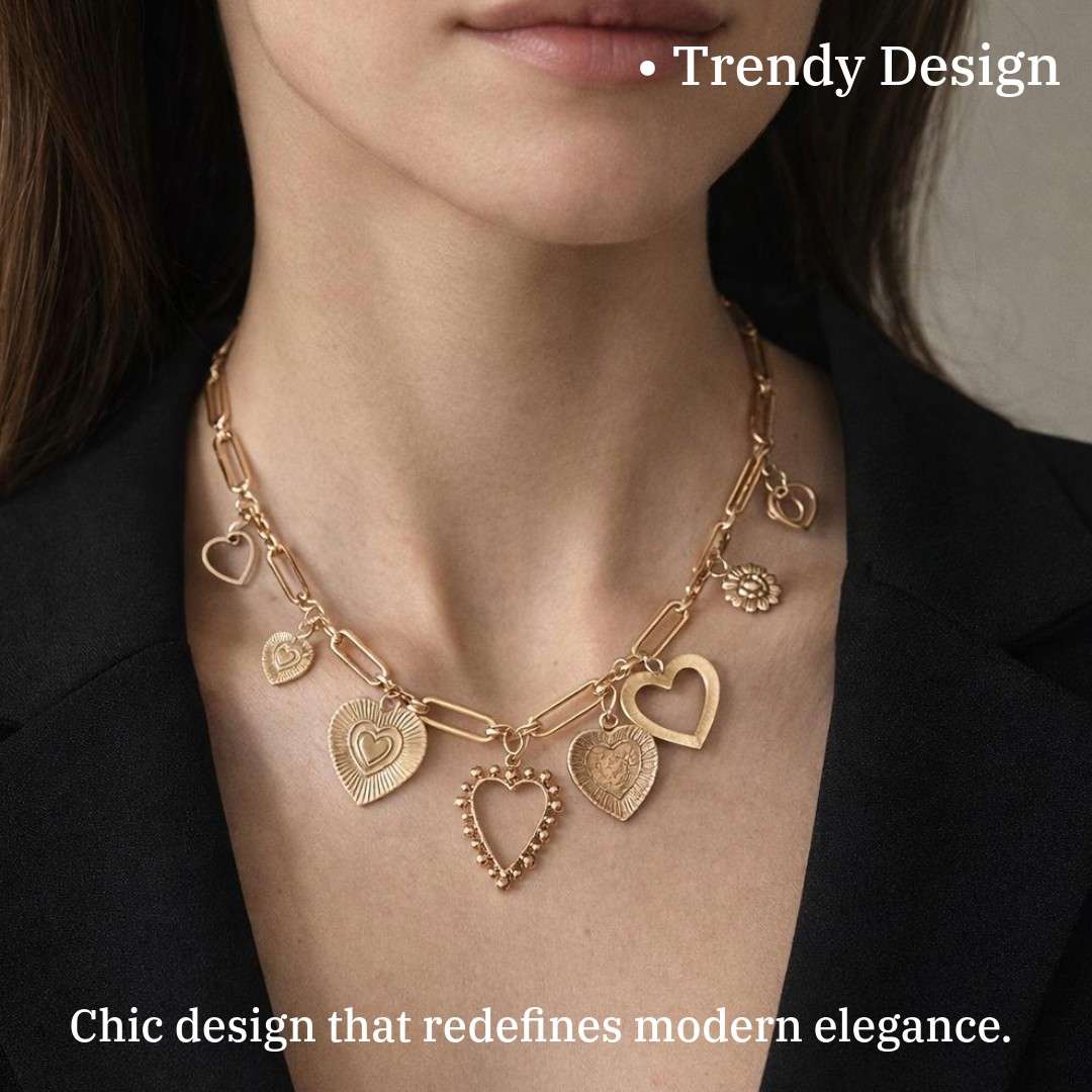 Gold Plated Heart Chain Necklace For Women, Decorative Charm Design, Anti Tarnish, Water Resistant, Lightweight, Gift Packaged