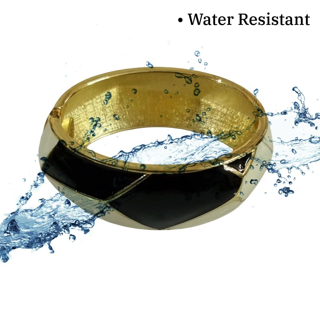 Gold Plated Hinged Bangle Bracelet with Black Enamel, 6.5 cm, Geometric Design, Anti Tarnish, Water Resistant, Lightweight, Gift Packaged