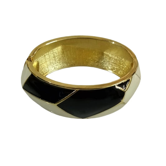 Gold Plated Hinged Bangle Bracelet with Black Enamel, 6.5 cm, Geometric Design, Anti Tarnish, Water Resistant, Lightweight, Gift Packaged