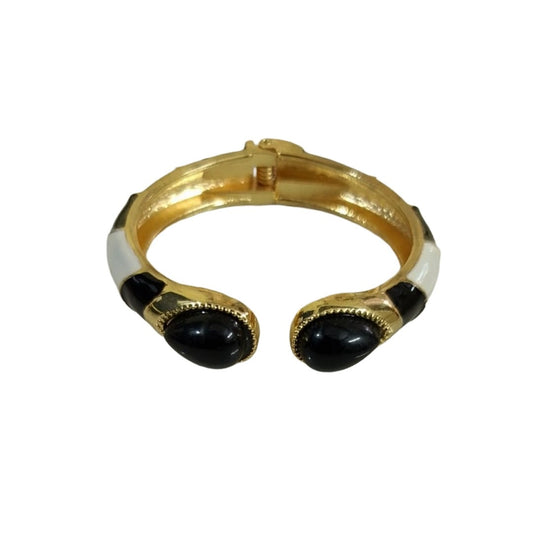 Gold Plated Hinged Bracelet with Black Ends, Open Cuff Bangle, Adjustable, Fashion Jewelry for Women, Anti Tarnish, Water Resistant, Lightweight, Gift Packaged