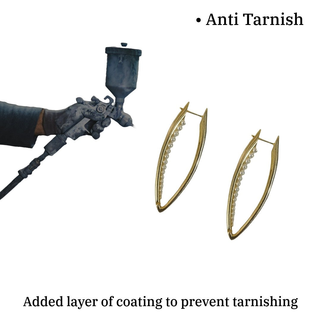 Gold Plated Hoop Earrings with Pearls, Elongated Oval Shape, 5 cm, Anti Tarnish, Water Resistant, Lightweight, Gift PackagedGold Plated Hoop Earrings with Pearls, Elongated Oval Shape, 5 cm, Anti Tarnish, Water Resistant, Lightweight, Gift Packaged