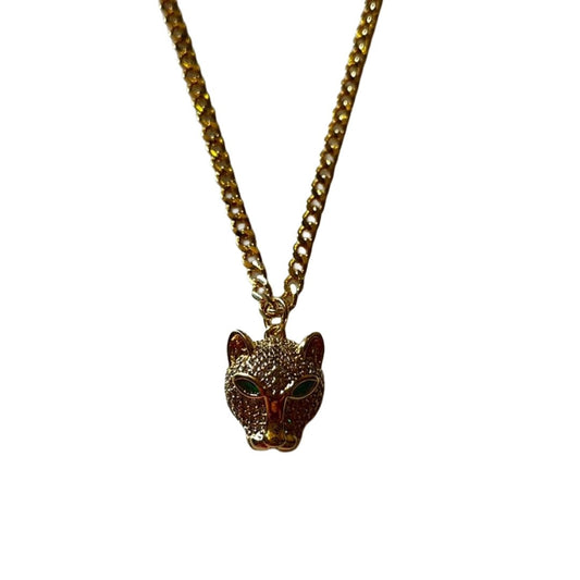 Jewellery Hat Gold Plated Leopard Cat Head Pendant Chain Necklace, 24 cm, Gothic Style, Anti Tarnish, Water Resistant, Lightweight, Gift Packaged