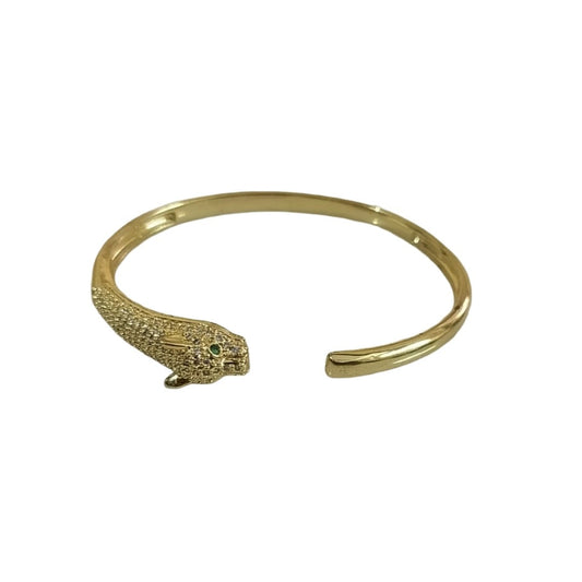 Gold Plated Leopard Cuff Bracelet, 6.5 cm, Open Bangle, Animal Design with Green Eye, Anti Tarnish, Water Resistant, Lightweight, Gift Packaged