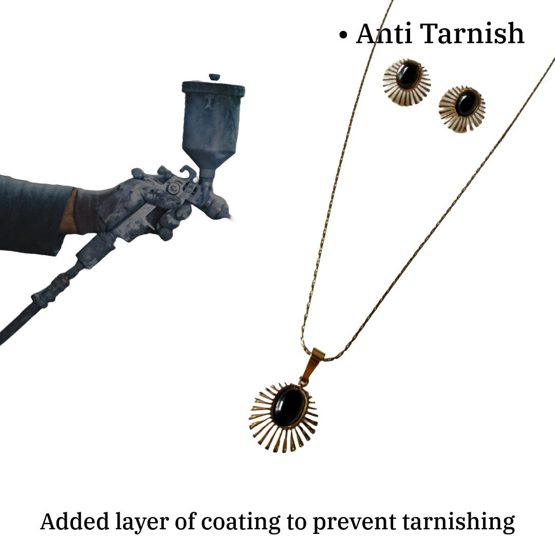Gold Plated Necklace and Earring Set with Black Stone Pendant, Sunburst Design Jewelry for Women, Anti Tarnish, Water Resistant