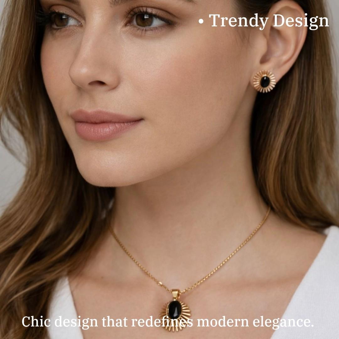 Gold Plated Necklace and Earring Set with Black Stone Pendant, Sunburst Design Jewelry for Women, Anti Tarnish, Water Resistant