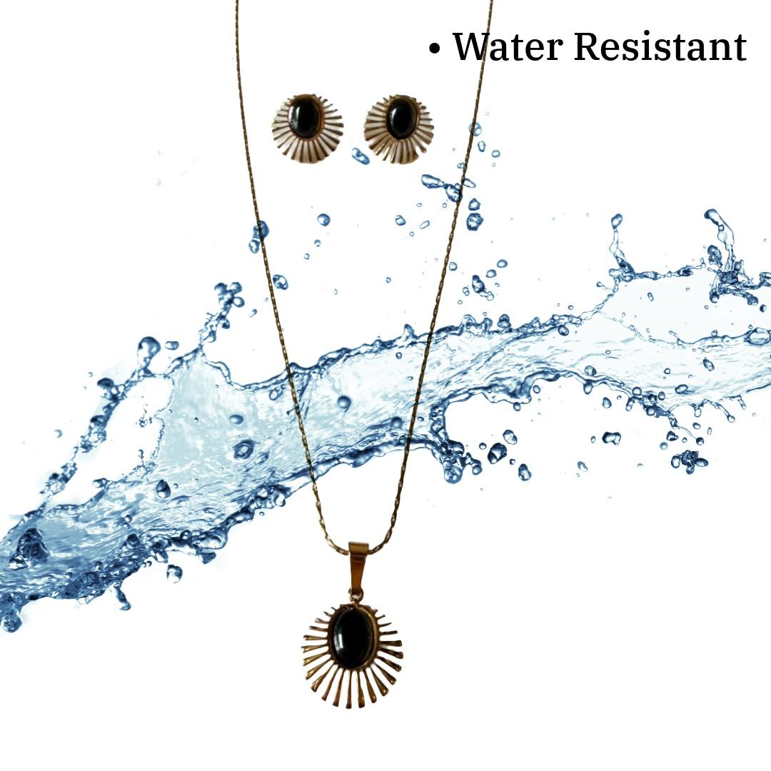 Gold Plated Necklace and Earring Set with Black Stone Pendant, Sunburst Design Jewelry for Women, Anti Tarnish, Water Resistant