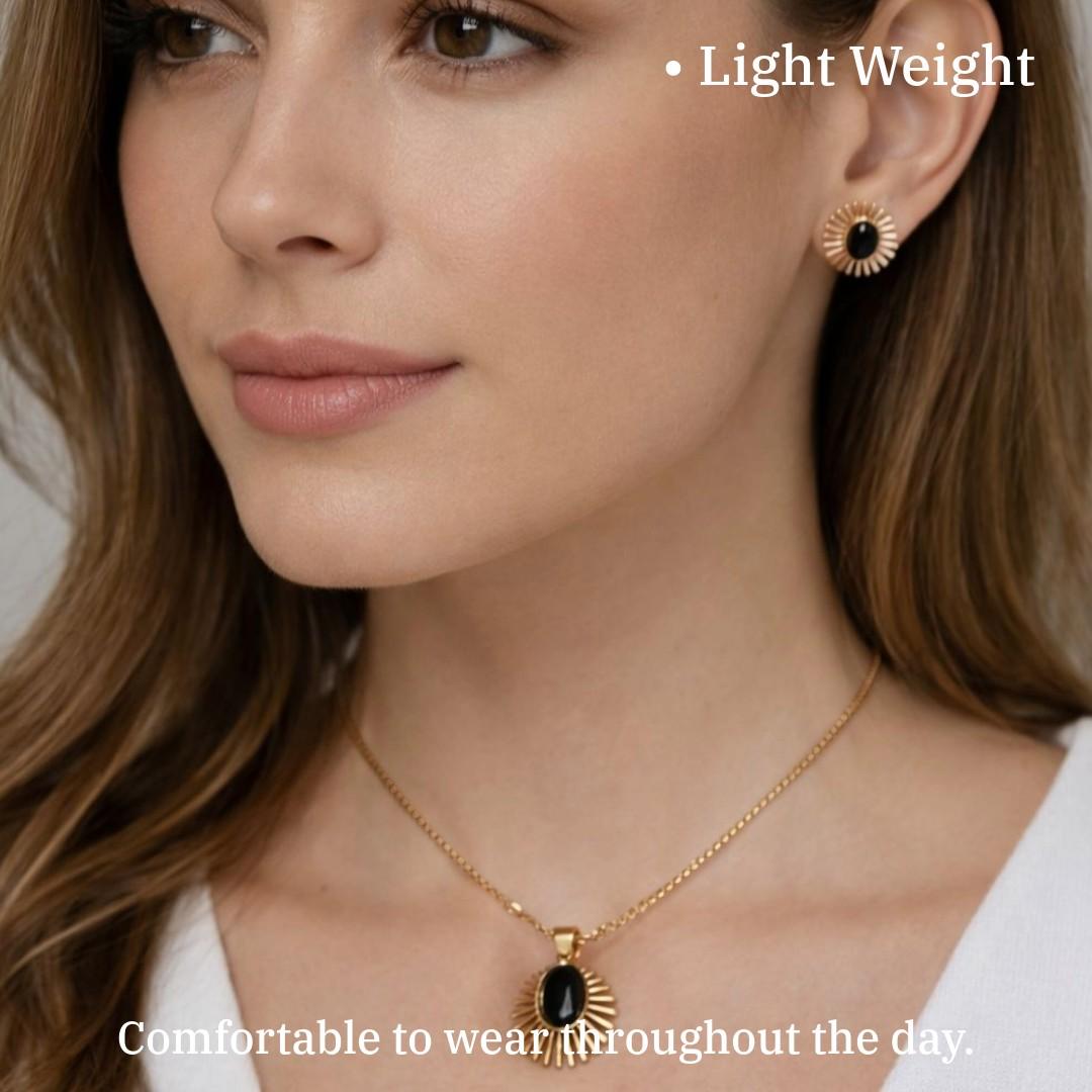 Gold Plated Necklace and Earring Set with Black Stone Pendant, Sunburst Design Jewelry for Women, Anti Tarnish, Water Resistant