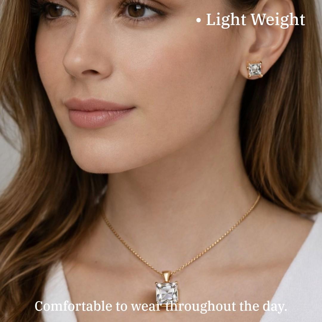 Gold Plated Necklace and Earrings Set for Women, Princess Cut Crystal Pendant Jewelry Set, Anti Tarnish, Water Resistant, Lightweight