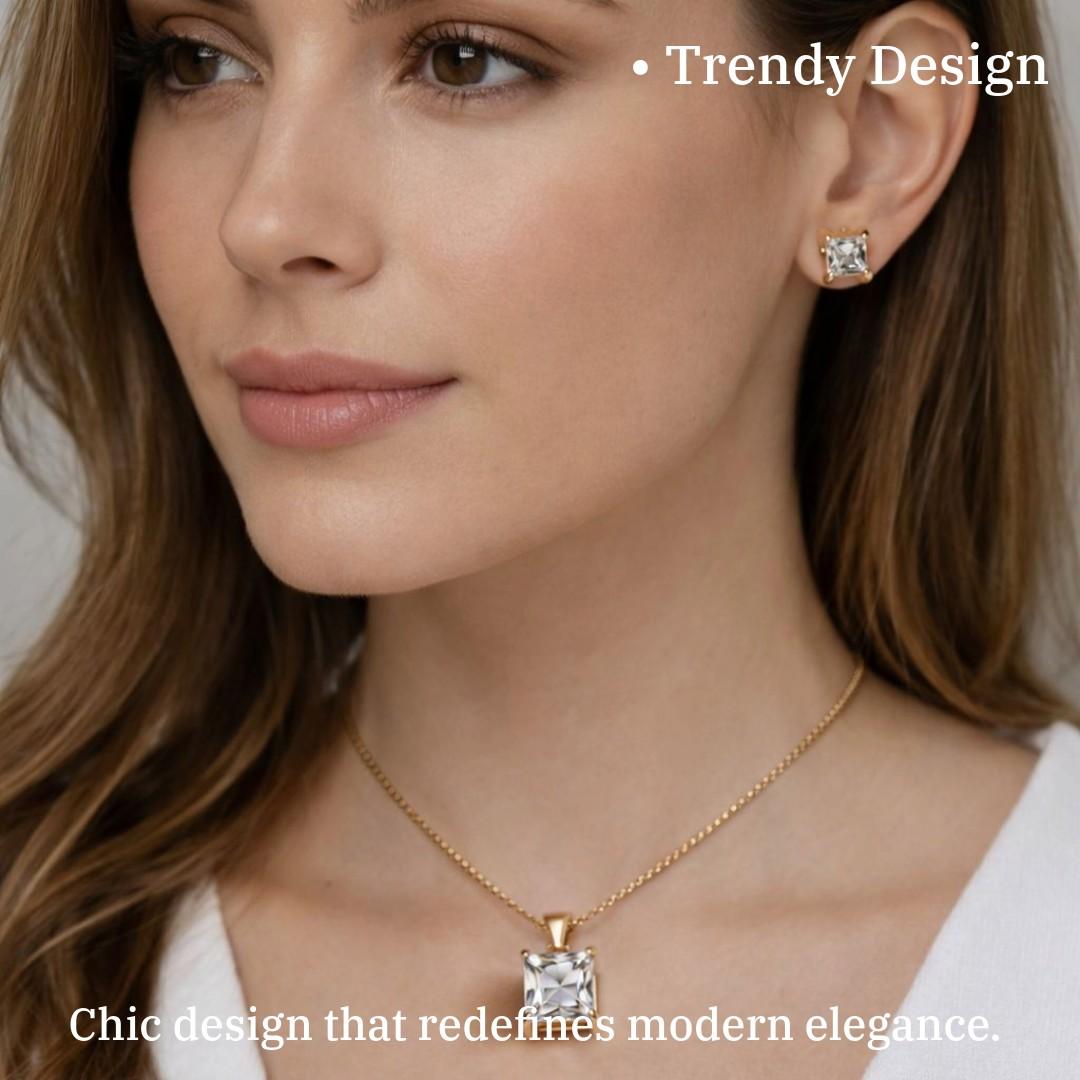 Gold Plated Necklace and Earrings Set for Women, Princess Cut Crystal Pendant Jewelry Set, Anti Tarnish, Water Resistant, Lightweight