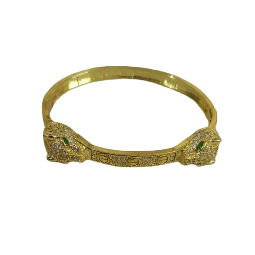 Gold Plated Panther Bangle Bracelet with Green Eyes, Crystal Embellished Animal Design, 6 cm, Anti Tarnish, Water Resistant, Lightweight, Gift Packaged