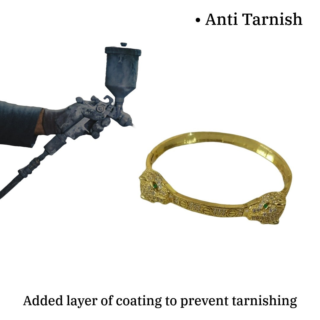 Gold Plated Panther Bangle Bracelet with Green Eyes, Crystal Embellished Animal Design, 6 cm, Anti Tarnish, Water Resistant, Lightweight, Gift Packaged