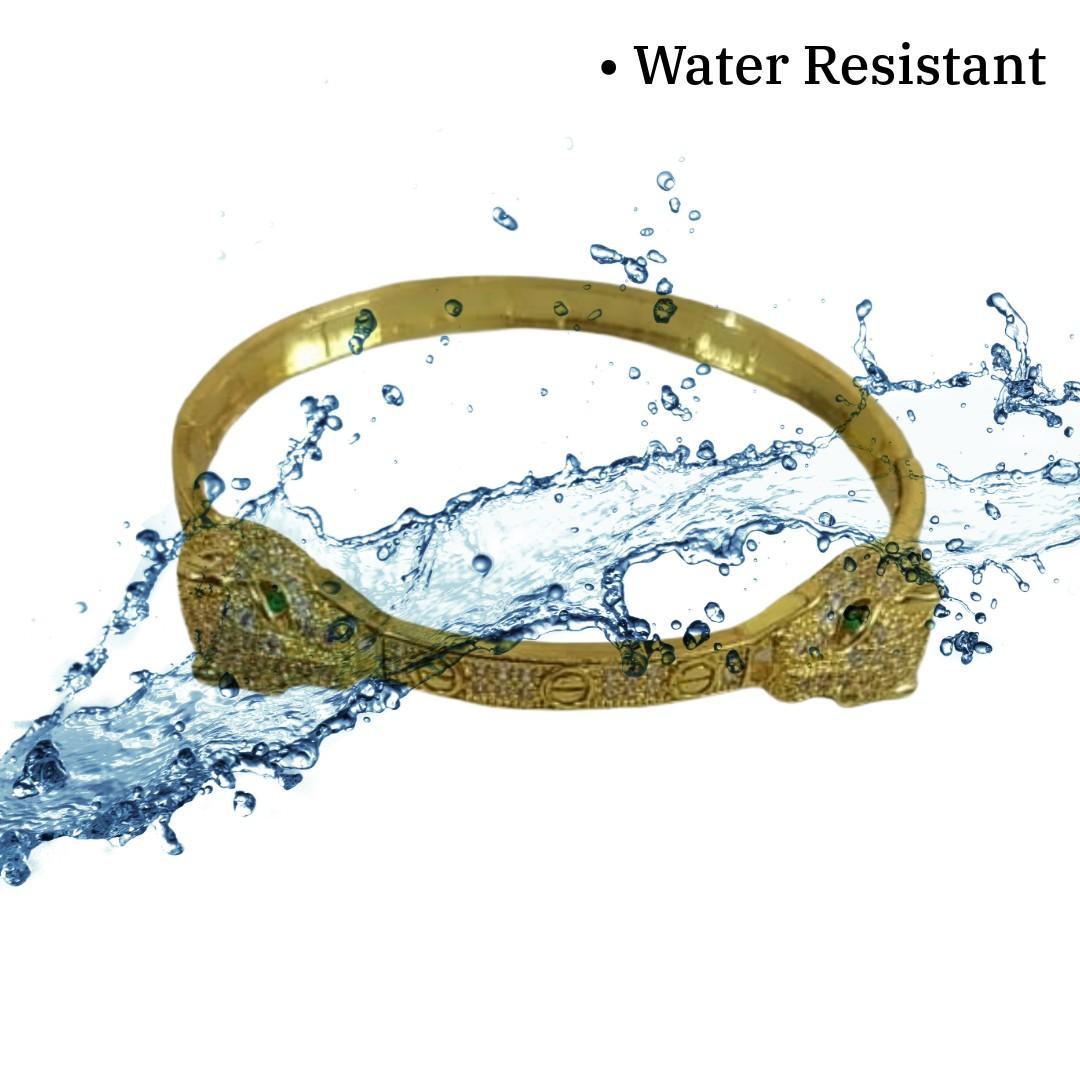 Gold Plated Panther Bangle Bracelet with Green Eyes, Crystal Embellished Animal Design, 6 cm, Anti Tarnish, Water Resistant, Lightweight, Gift Packaged
