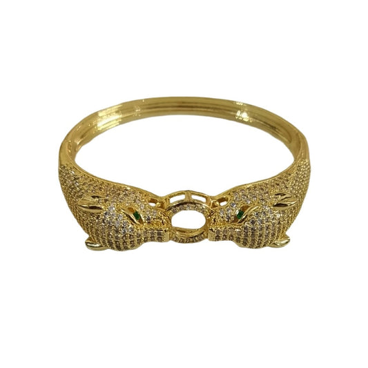 Gold Plated Panther Bangle, Textured Design with Green Eyes, 6.5 cm, Animal Motif Bracelet, Anti Tarnish, Water Resistant, Lightweight, Gift Packaged