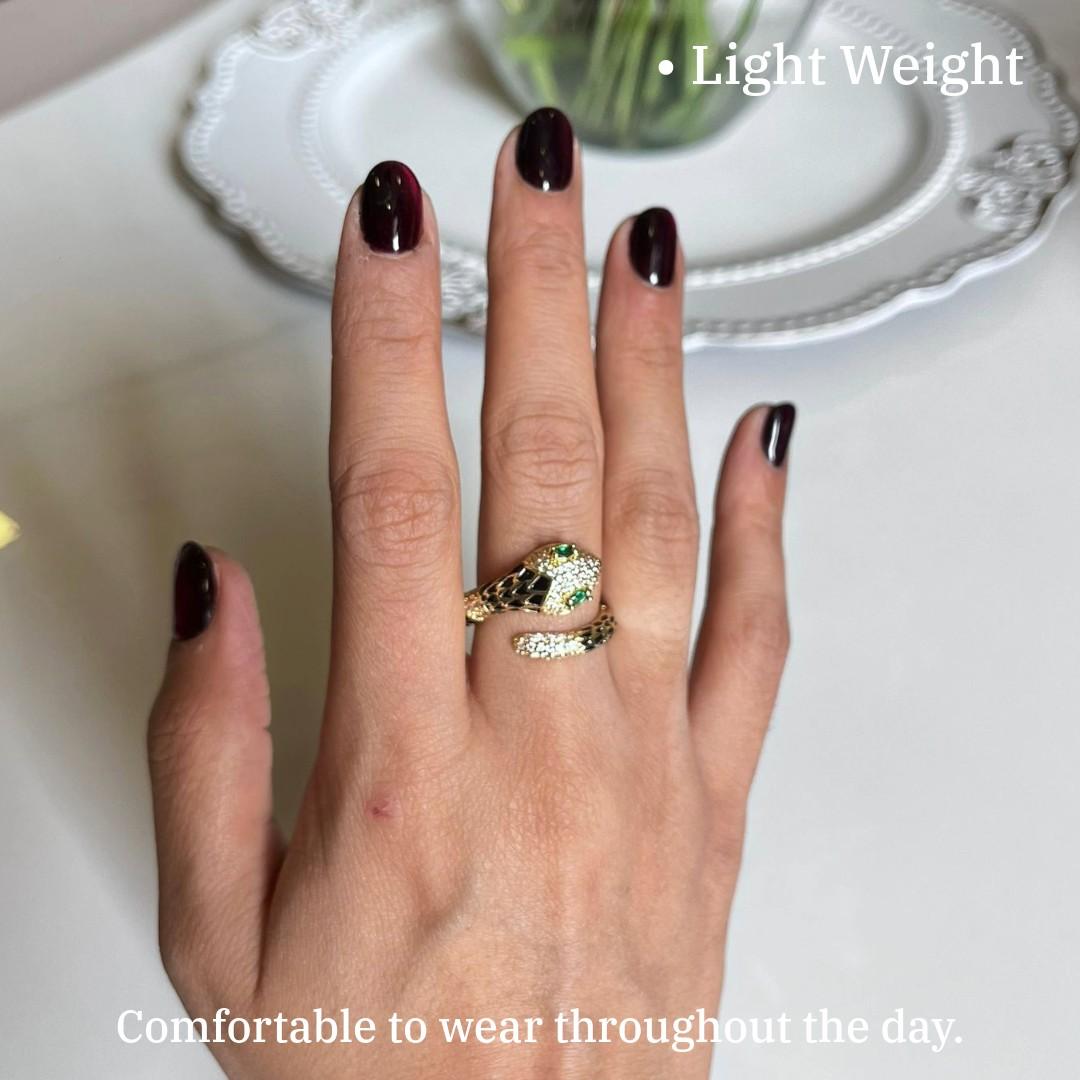 Gold Plated Snake Ring For Women, Black Enamel and Emerald Green Accent, Anti Tarnish, Water Resistant, Lightweight, Gift Packaged