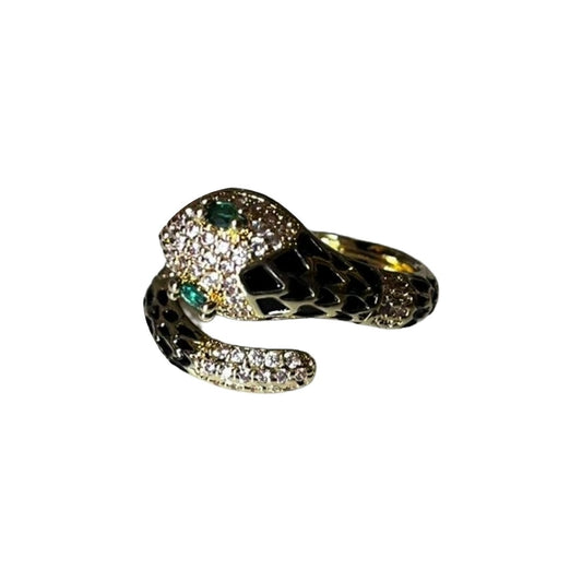 Gold Plated Snake Ring For Women, Black Enamel and Emerald Green Accent, Anti Tarnish, Water Resistant, Lightweight, Gift Packaged