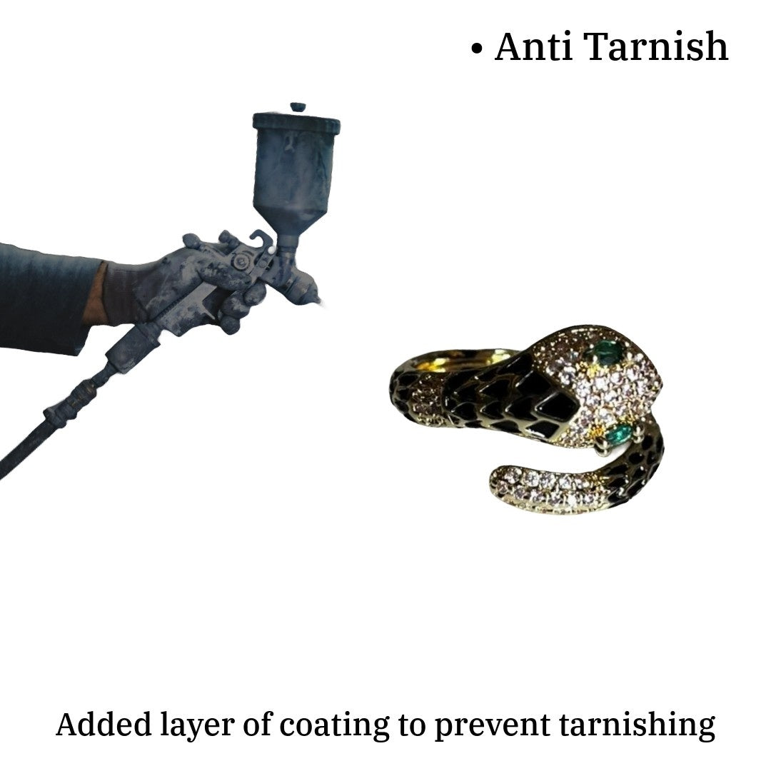 Gold Plated Snake Ring For Women, Black Enamel and Emerald Green Accent, Anti Tarnish, Water Resistant, Lightweight, Gift Packaged