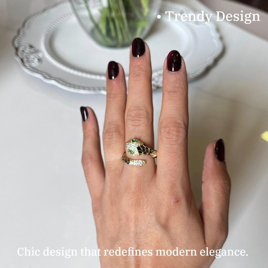 Gold Plated Snake Ring For Women, Black Enamel and Emerald Green Accent, Anti Tarnish, Water Resistant, Lightweight, Gift Packaged