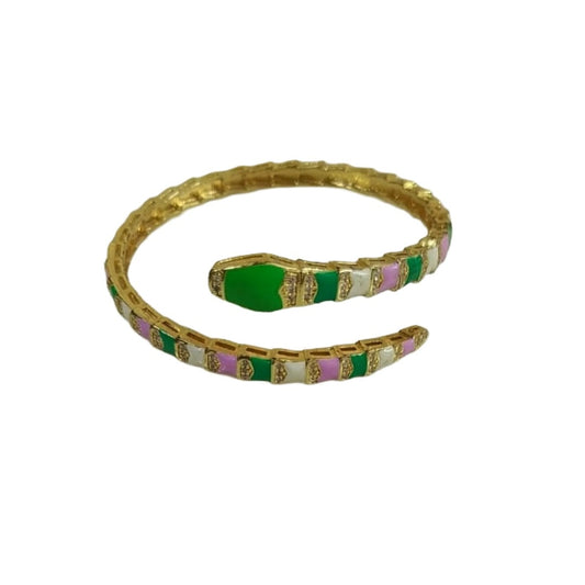 Gold Plated Spiral Bangle with Green, Pink, White Enamel, 6.0 cm, Snake Design, Anti Tarnish, Water Resistant, Lightweight, Gift Packaged