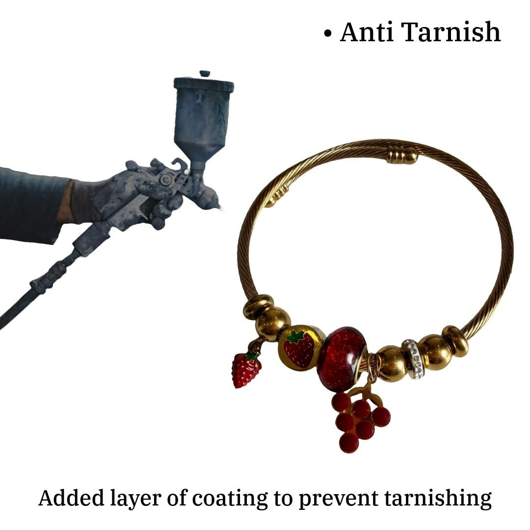 Gold Plated Twisted Bracelet for Girls with Red Glitter Beads, Strawberry and Grape Charms, Adjustable Bracelet, Anti Tarnish, Water Resistant