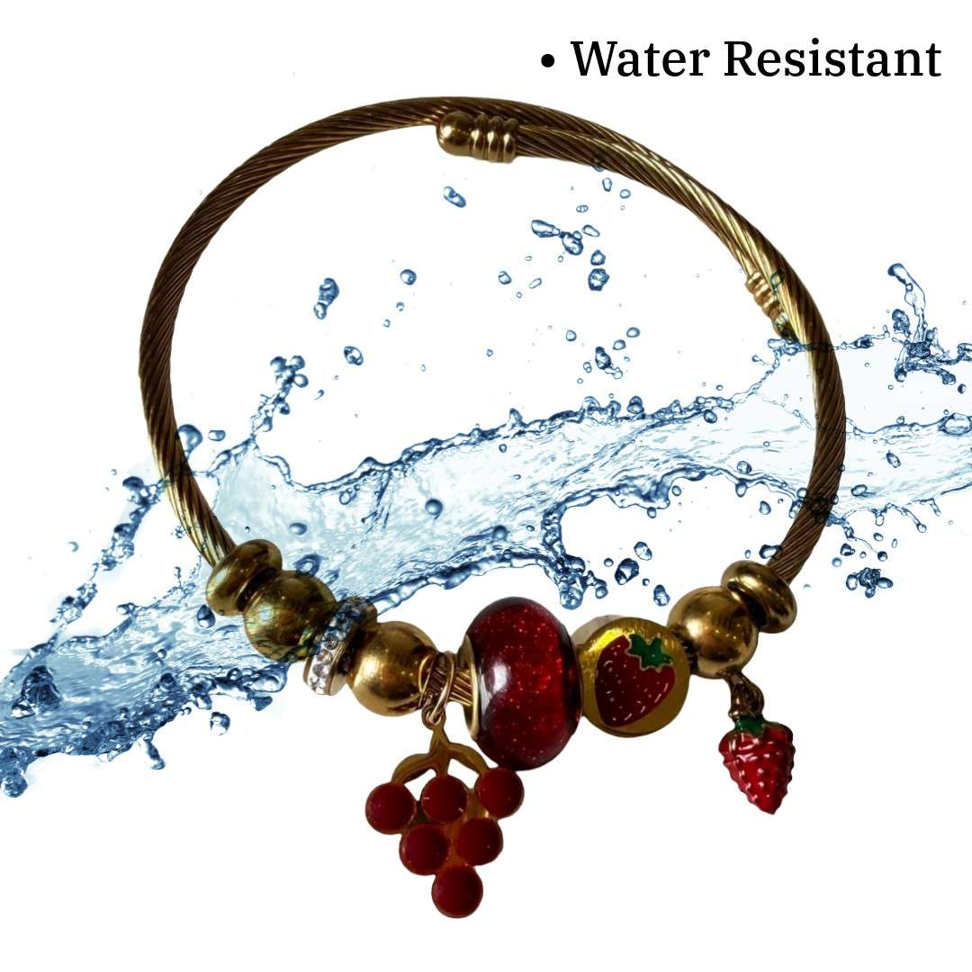 Gold Plated Twisted Bracelet for Girls with Red Glitter Beads, Strawberry and Grape Charms, Adjustable Bracelet, Anti Tarnish, Water Resistant