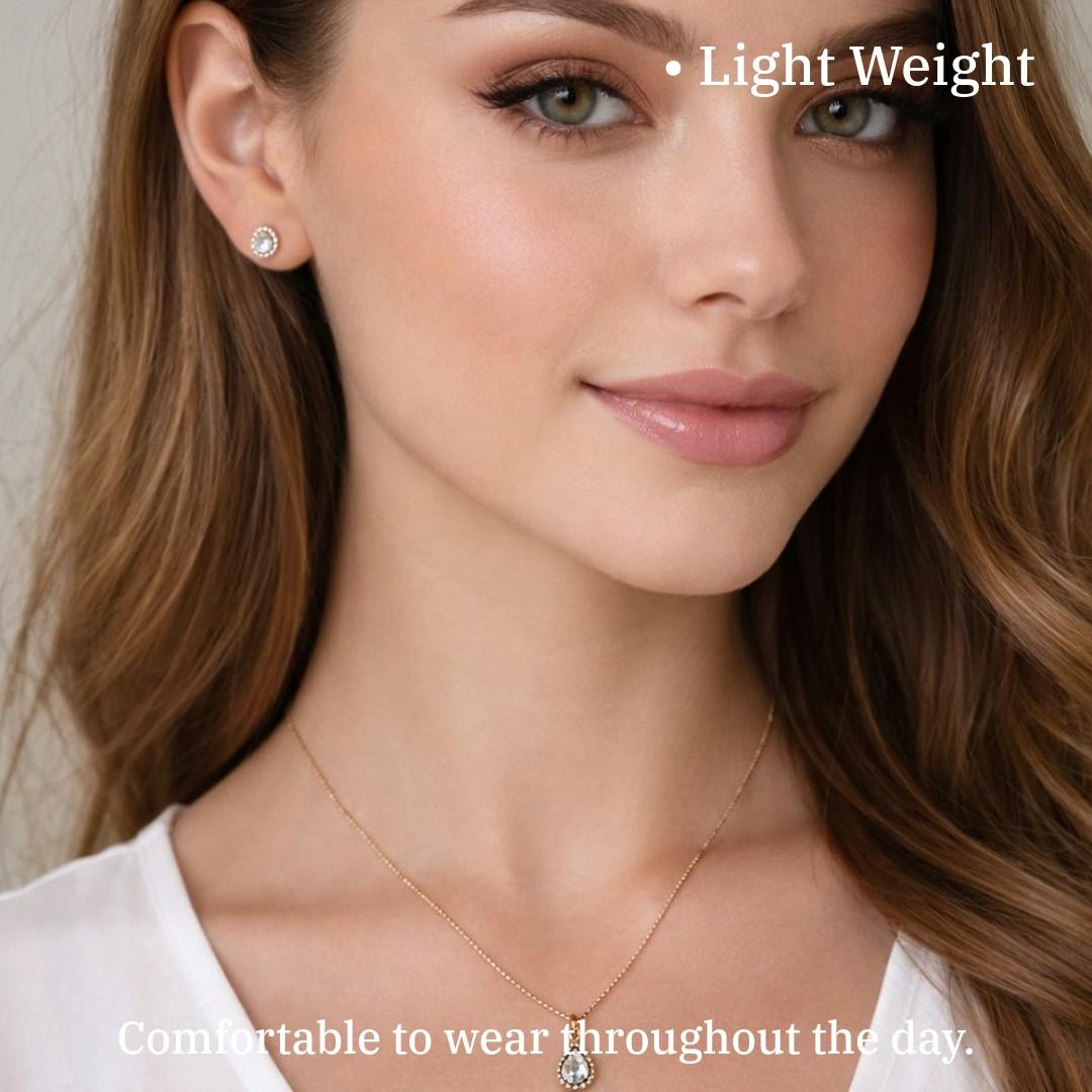 Gold Teardrop Pendant Necklace and Earrings Set for Women, Crystal Stone Jewelry, Anti Tarnish, Water Resistant, Lightweight, Gift Packaged