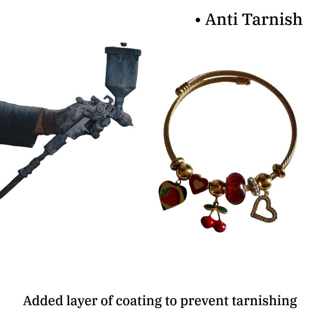 Gold Twisted Cable Bracelet for Women with Heart Charms, Cherry and Strawberry Dangles, Red and Gold Beaded Charm Bracelet