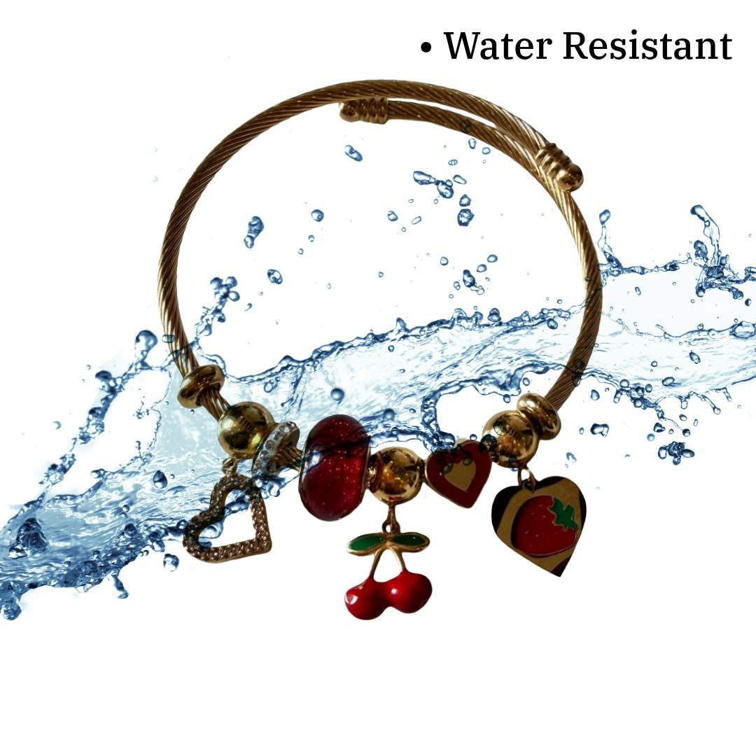 Gold Twisted Cable Bracelet for Women with Heart Charms, Cherry and Strawberry Dangles, Red and Gold Beaded Charm Bracelet