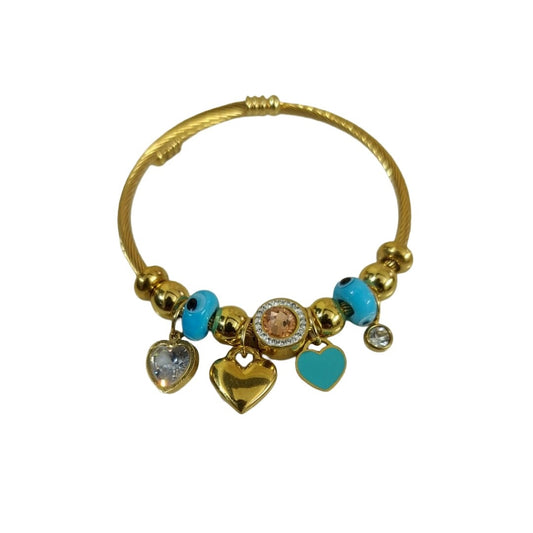 Gold Twisted Cable Bracelet with Heart Charms, Turquoise Blue Beads, Crystal Accents, Anti Tarnish, Water Resistant, Lightweight, Gift Packaged