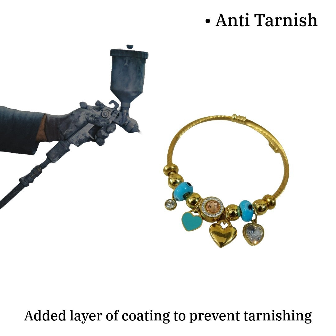 Gold Twisted Cable Bracelet with Heart Charms, Turquoise Blue Beads, Crystal Accents, Anti Tarnish, Water Resistant, Lightweight, Gift Packaged