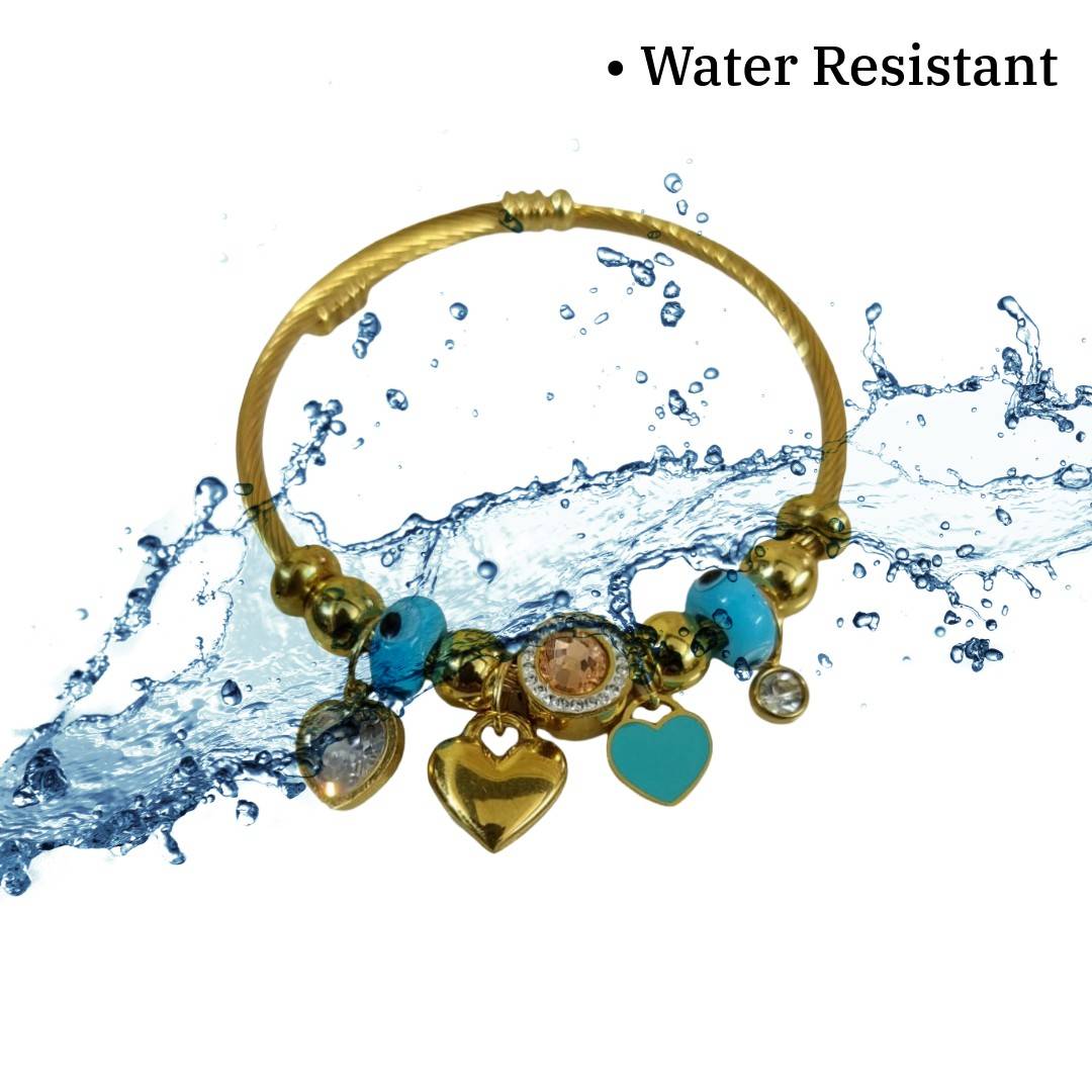 Gold Twisted Cable Bracelet with Heart Charms, Turquoise Blue Beads, Crystal Accents, Anti Tarnish, Water Resistant, Lightweight, Gift Packaged