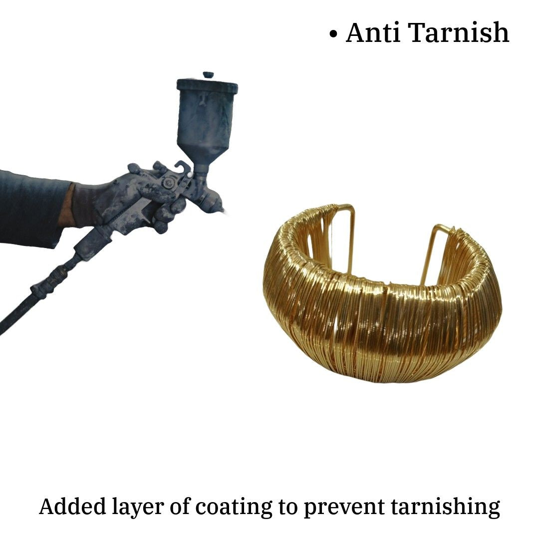 Gold Wire Wrapped Cuff Bracelet, Wide Statement Bangle, Textured Metal Design, Anti Tarnish, Water Resistant, Lightweight, Gift Packaged