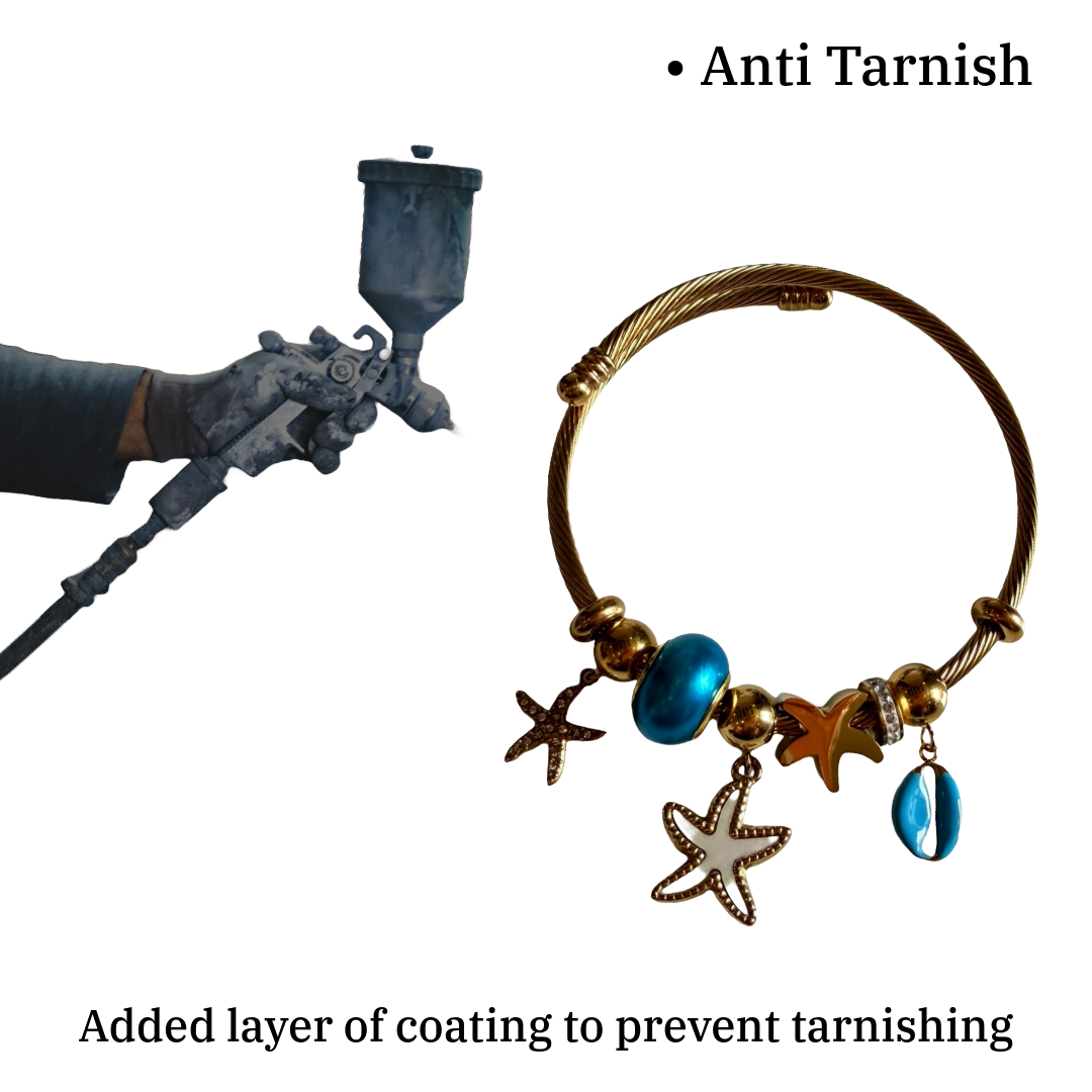 Gold Plated Cable Bracelet for Women with Starfish Charms, Adjustable Bangle Style, Anti Tarnish, Water Resistant, Lightweight