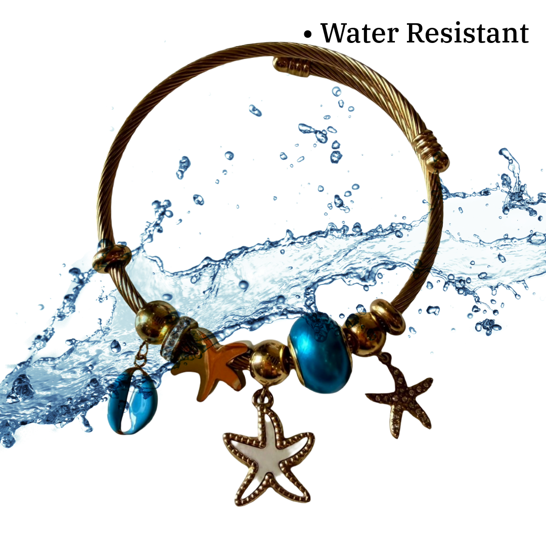 Gold Plated Cable Bracelet for Women with Starfish Charms, Adjustable Bangle Style, Anti Tarnish, Water Resistant, Lightweight