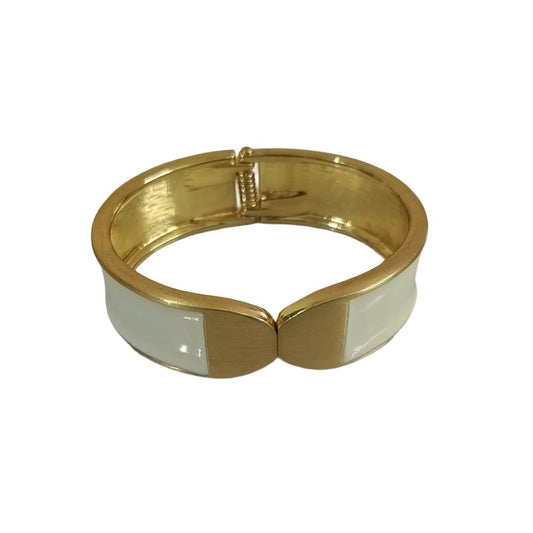Gold and White Enamel Hinged Bangle Bracelet, Statement Cuff Style, 6.0 cm, Anti Tarnish, Water Resistant, Lightweight, Gift Packaged