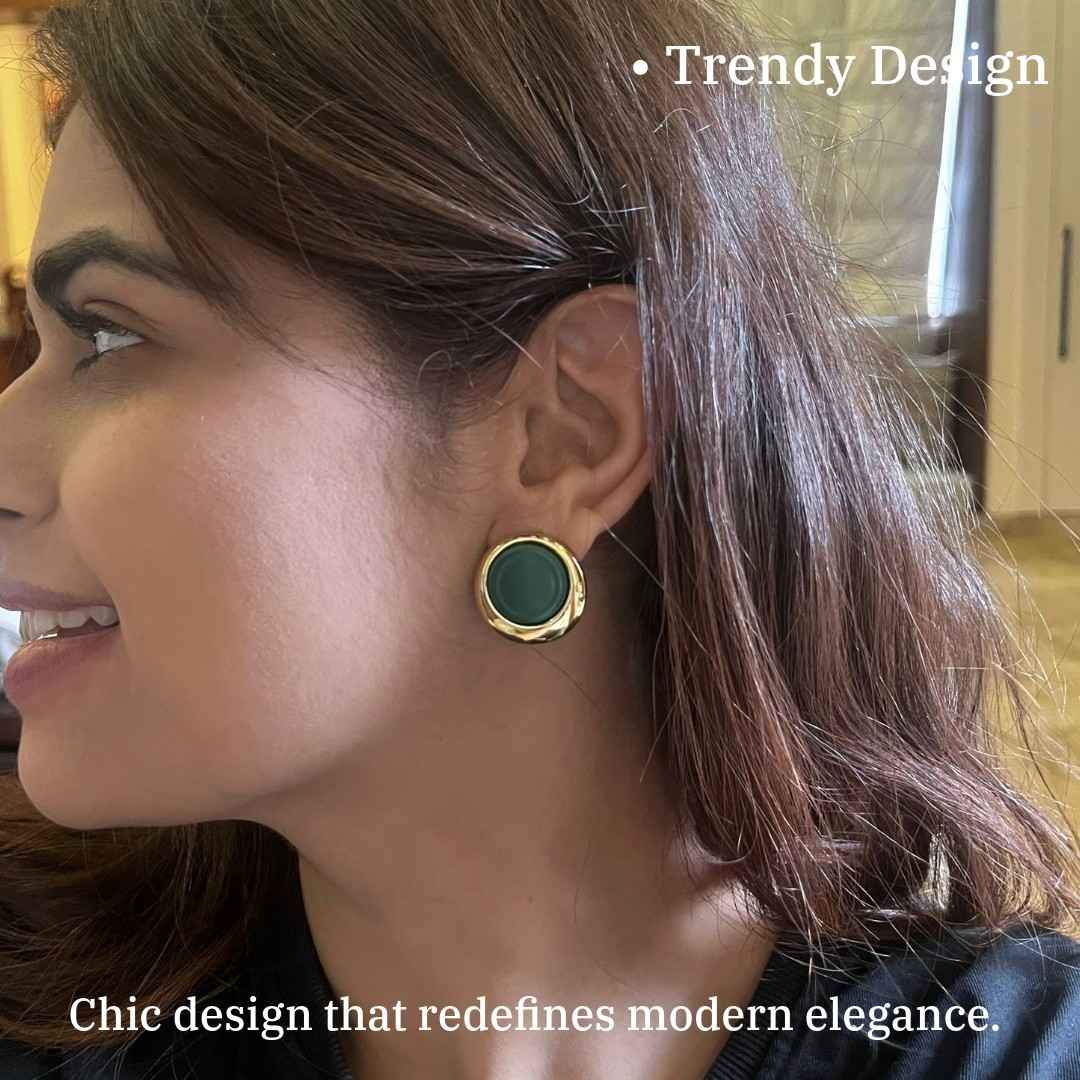 Green Earrings For Women, Gold-Plated Stud Earrings, Dark Green Enamel Center, Anti Tarnish, Water Resistant, Lightweight, Gift Packaged