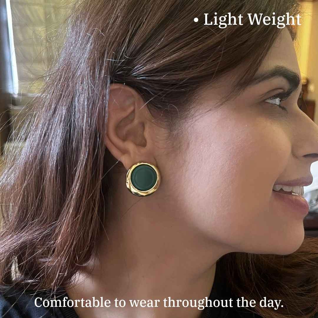 Green Earrings For Women, Gold-Plated Stud Earrings, Dark Green Enamel Center, Anti Tarnish, Water Resistant, Lightweight, Gift Packaged