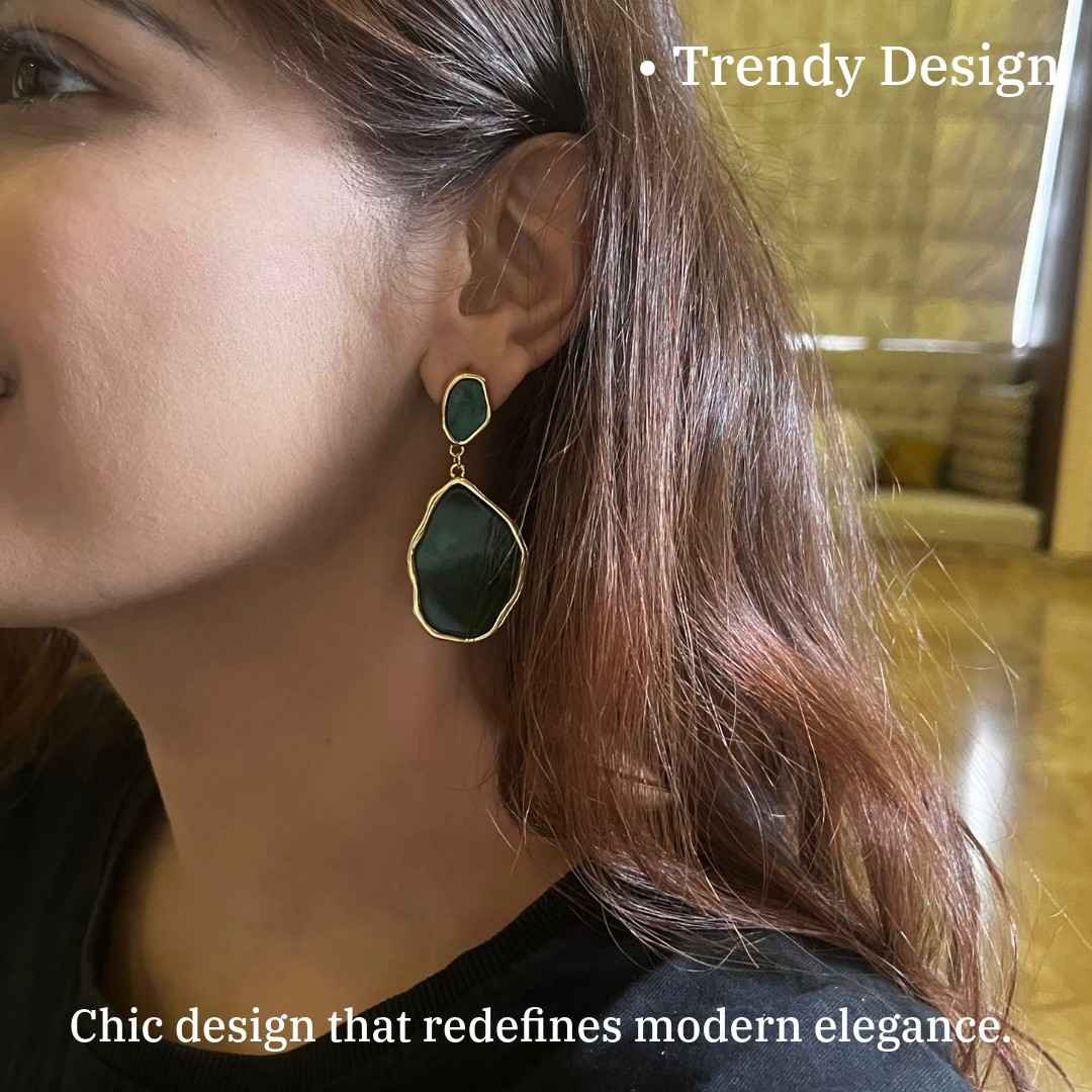 Green Earrings, Gold-Plated Geometric Statement Dangle Earring