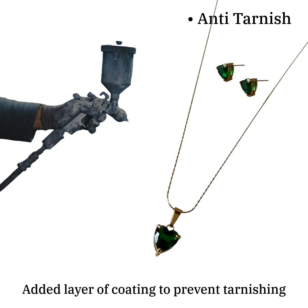 Green Heart Pendant Necklace and Earrings Jewelry Set for Women, Anti Tarnish, Water Resistant, Lightweight, Gift Packaged
