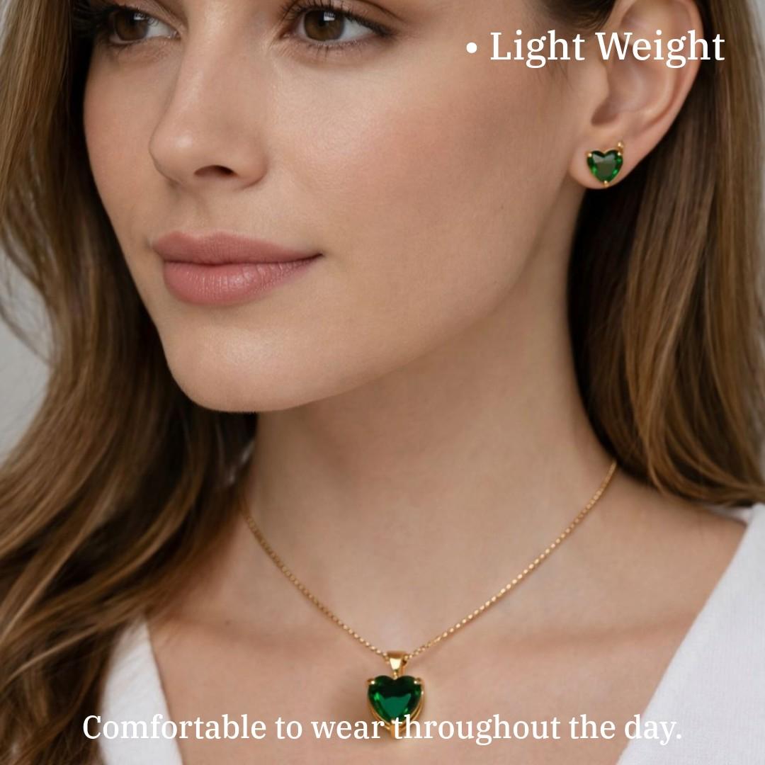 Green Heart Pendant Necklace and Earrings Jewelry Set for Women, Anti Tarnish, Water Resistant, Lightweight, Gift Packaged