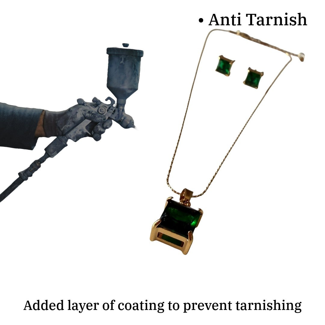 Green Stone Pendant Necklace and Earrings Set for Women, Gold Plated Jewelry Set, Anti Tarnish, Water Resistant, Lightweight, Gift Packaged