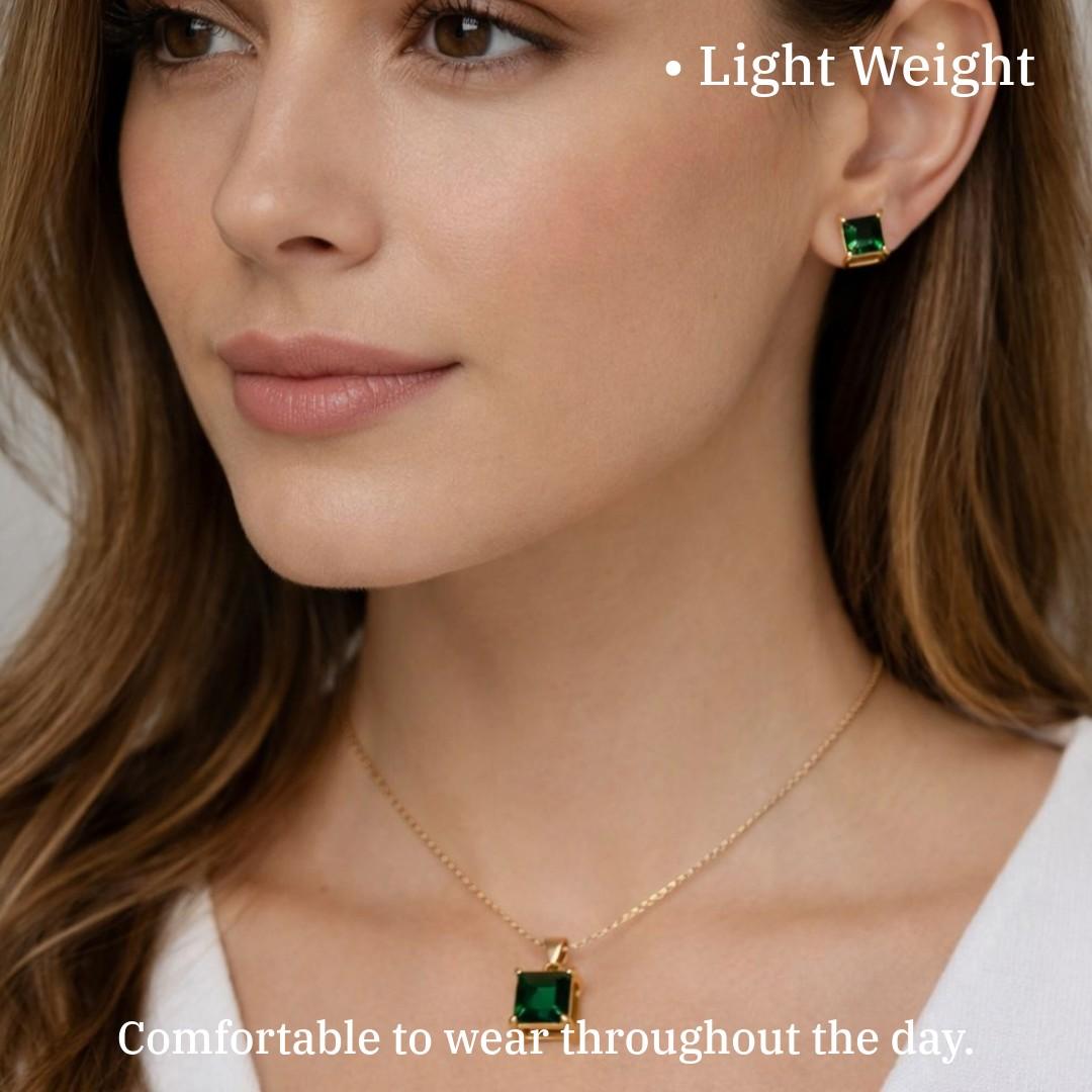 Green Stone Pendant Necklace and Earrings Set for Women, Gold Plated Jewelry Set, Anti Tarnish, Water Resistant, Lightweight, Gift Packaged