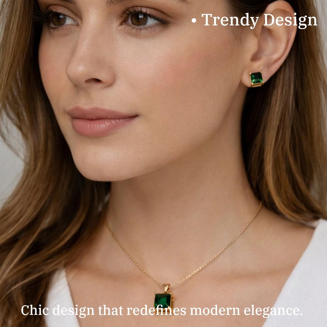 Green Stone Pendant Necklace and Earrings Set for Women, Gold Plated Jewelry Set, Anti Tarnish, Water Resistant, Lightweight, Gift Packaged