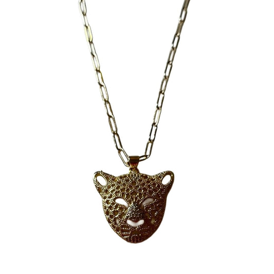 Jewellery Hat Leopard Face Pendant Necklace, Gold Plated, 24 cm, Textured Metal Design, Anti Tarnish, Water Resistant, Lightweight, Gift Packaged