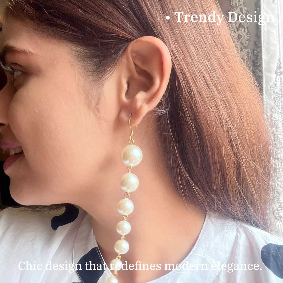 Long Pearl Drop Dangle Earrings, 8 Beads, 11 cm, Cream White, Fish Hook, Anti Tarnish, Water Resistant, Lightweight, Gift Packaged