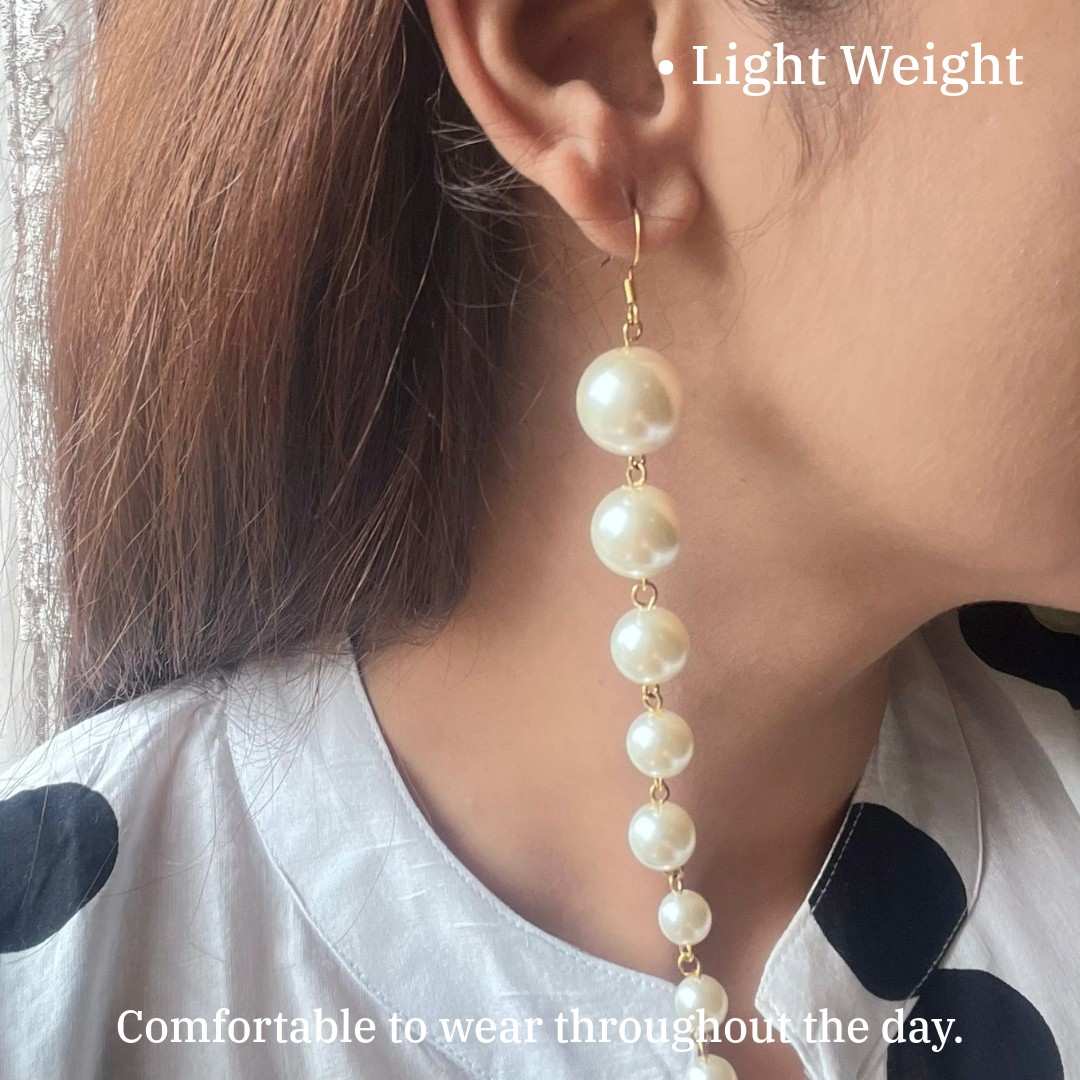 Long Pearl Drop Dangle Earrings, 8 Beads, 11 cm, Cream White, Fish Hook, Anti Tarnish, Water Resistant, Lightweight, Gift Packaged