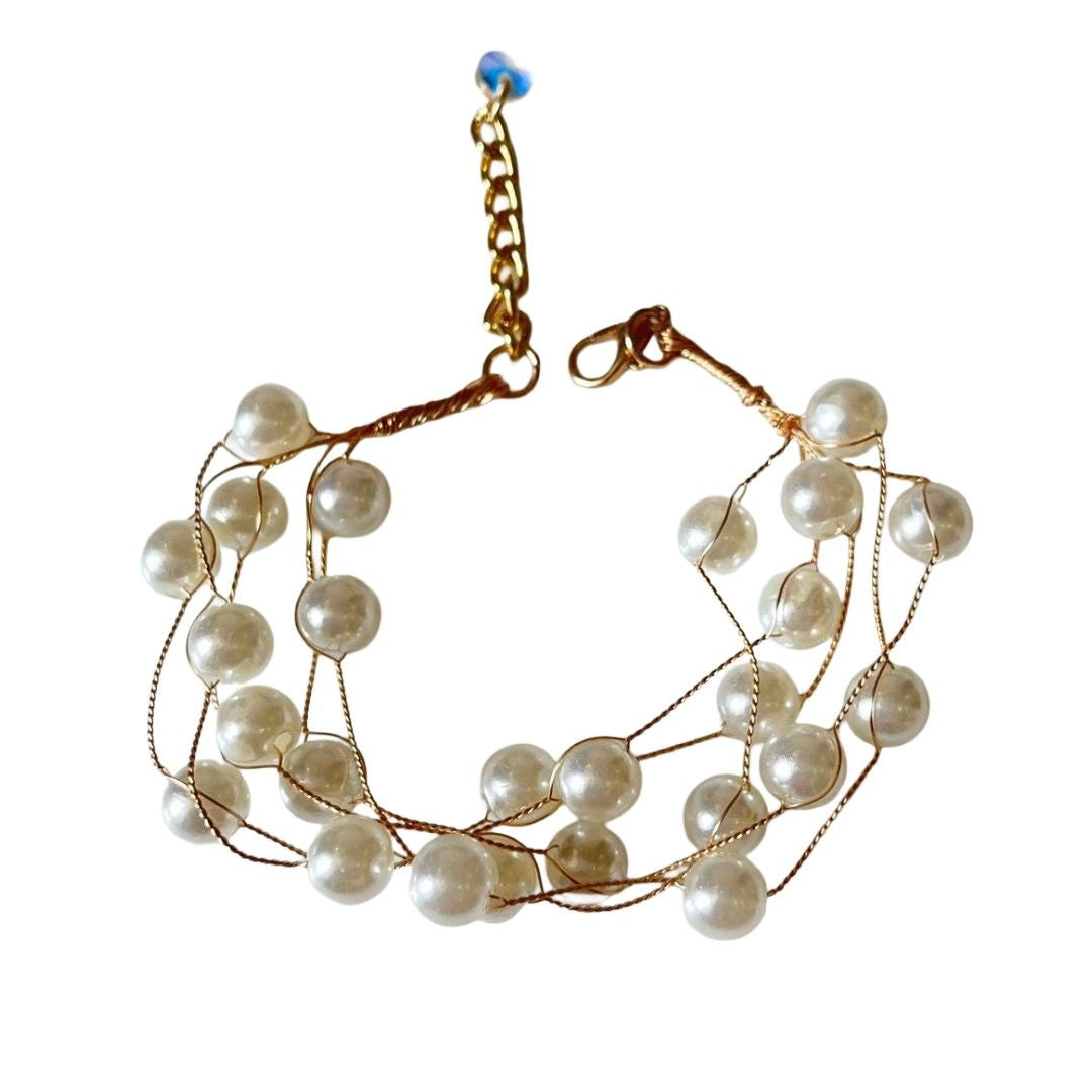 Multi-Strand Pearl Bracelet for Women, Gold-Plated Chain, Layered Design, Anti Tarnish, Water Resistant, Lightweight, Gift Packaged